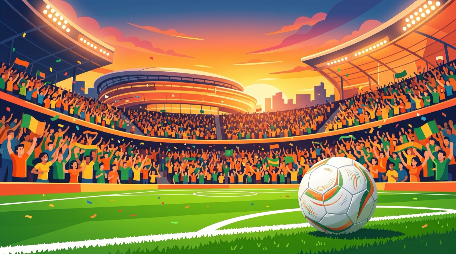 Estádio de futebol lotado ao entardecer com uma bola em destaque — clima de torcida da copa 2026