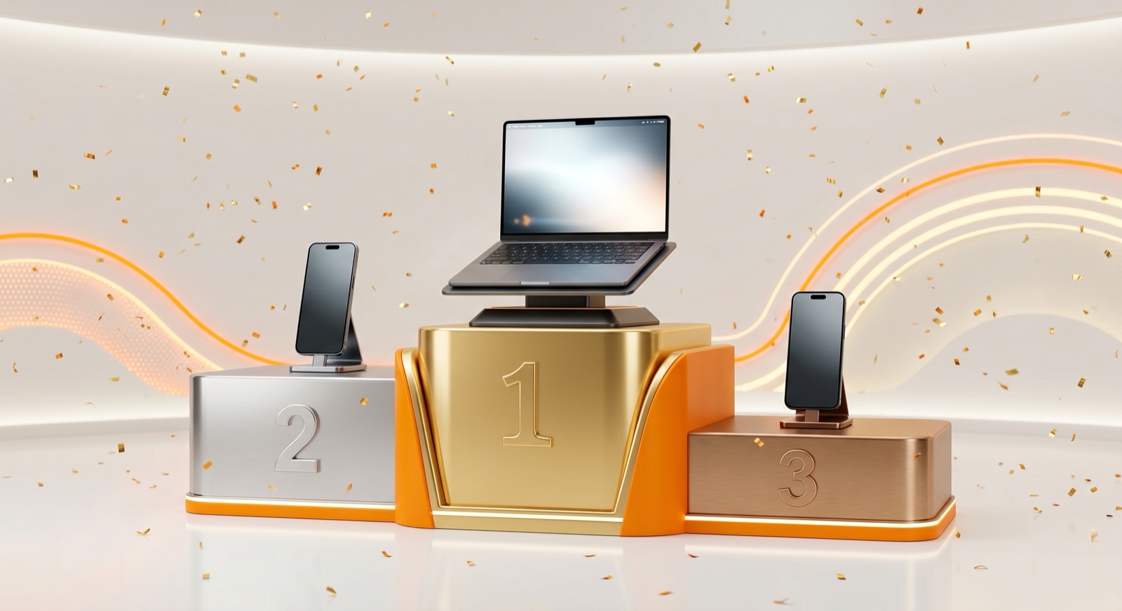 Pódio 3D de premiação: notebook no primeiro lugar, smartphones no segundo e terceiro, com confete dourado